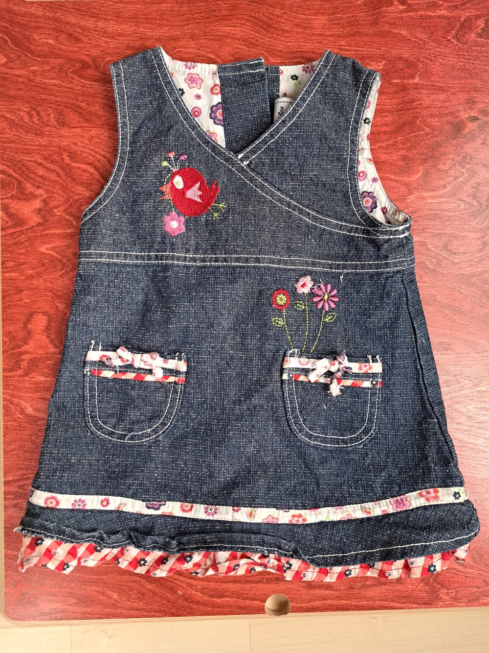 Denim Dress, 6-9 Months, Red Bird & Floral Embroidery, Calin Caline